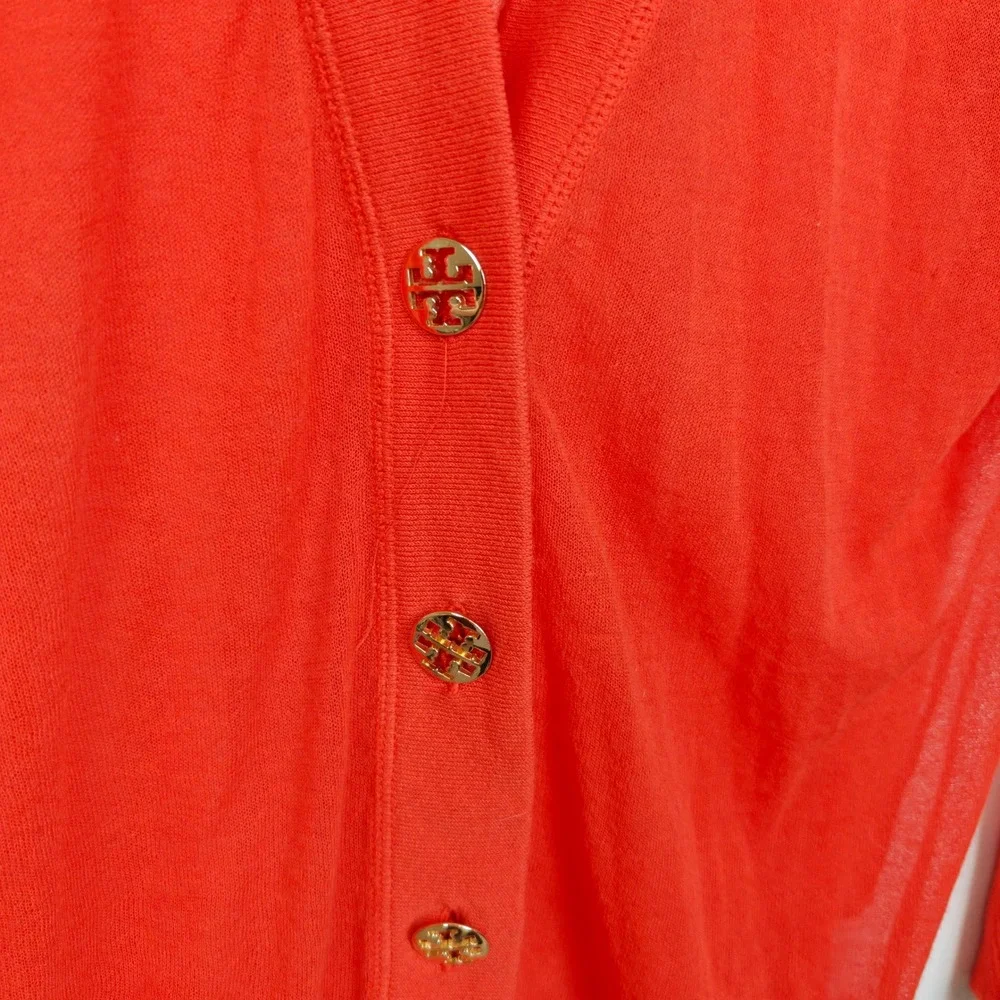 Tory Burch Womens Sweater XL Red Sheer V-Neck Button Front Cardigan Preppy